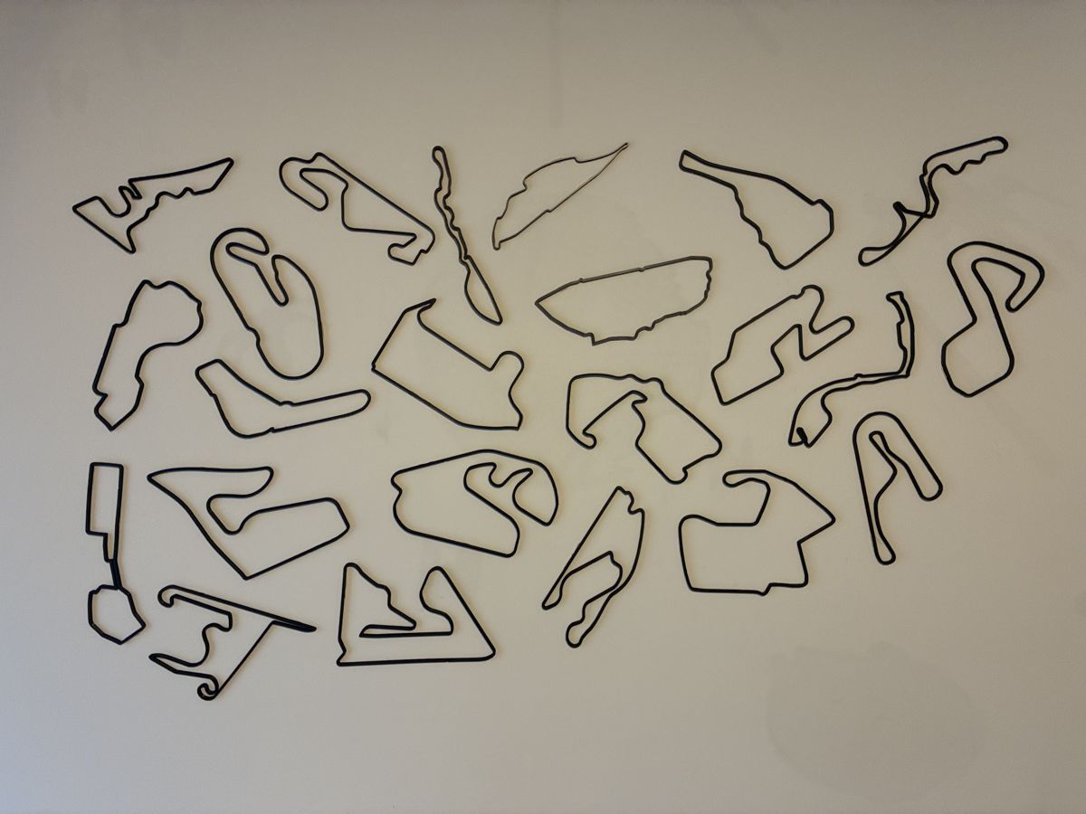 Wall art showing 3D-printed outlines of Formula 1 race circuits